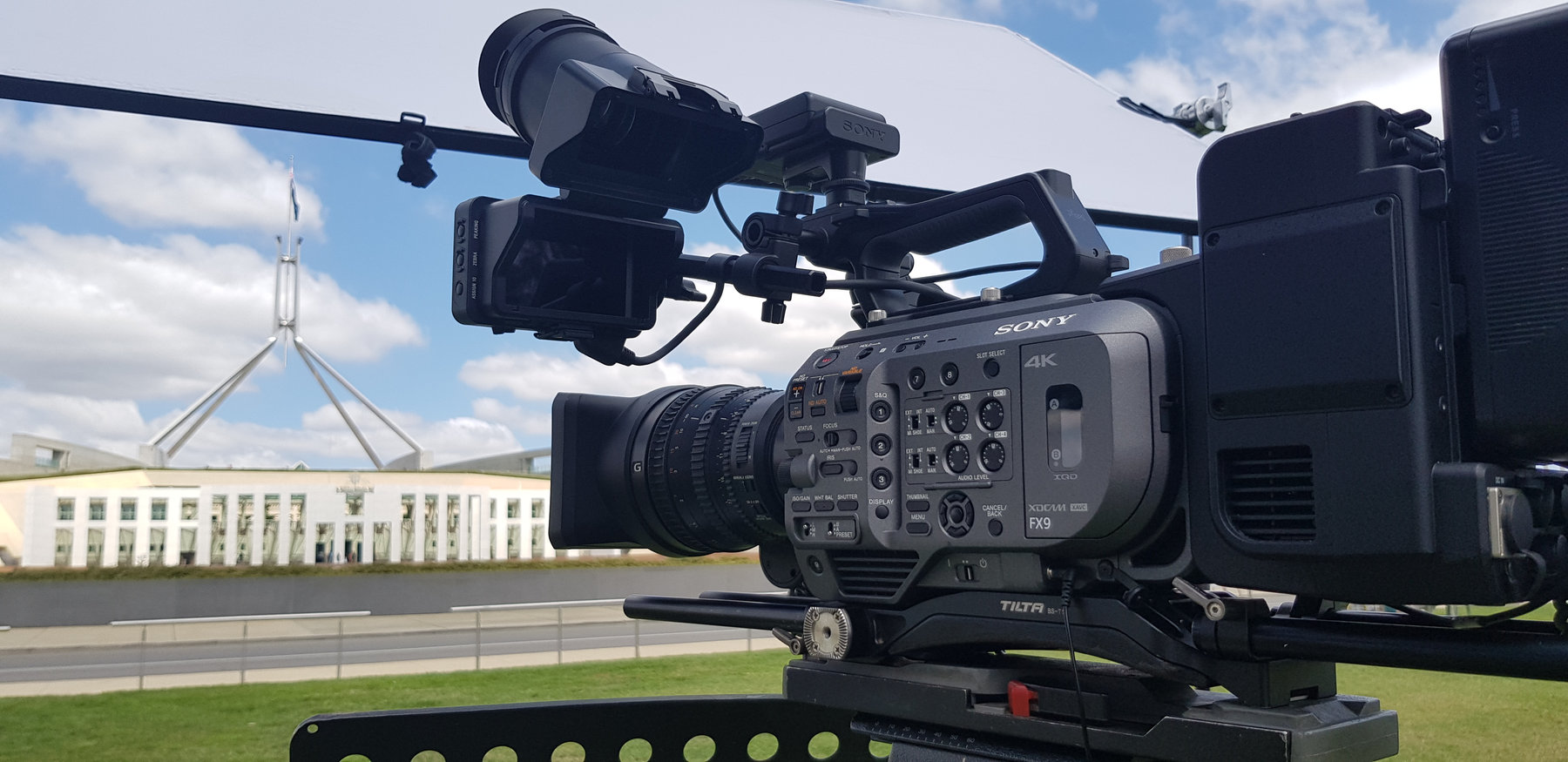 Sony FX9 set up with Parliament House in the background
