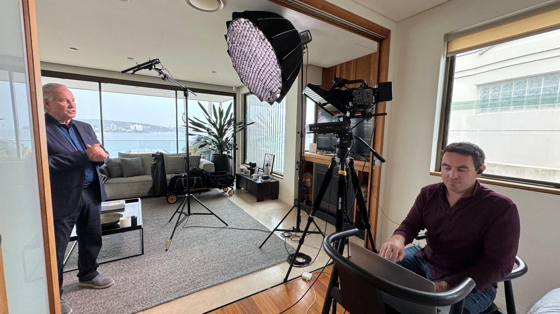 Interview set up with a soft light dome by a window