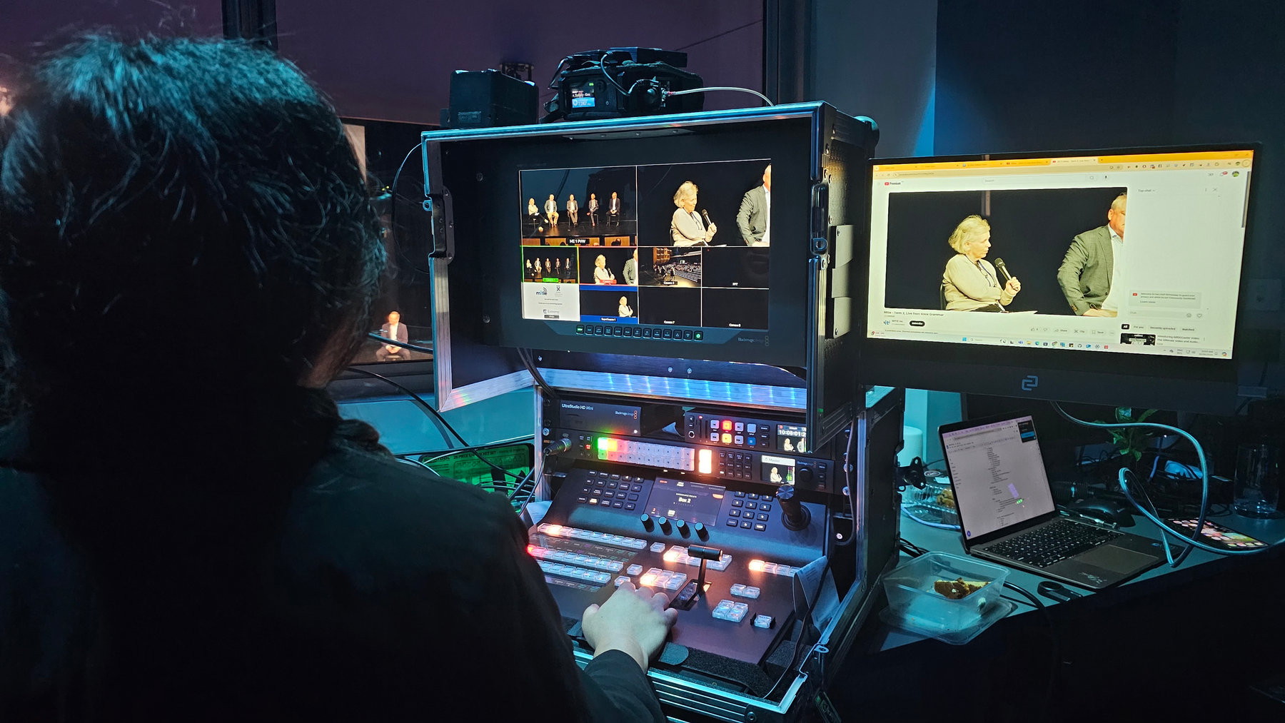 Hands on a Blackmagic switcher with the multiview above
